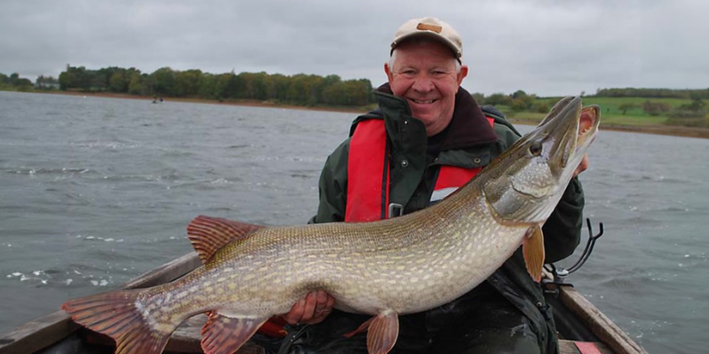 Pike angler displays a large pike caught on waters protected by the pike anglers club of Great Britain