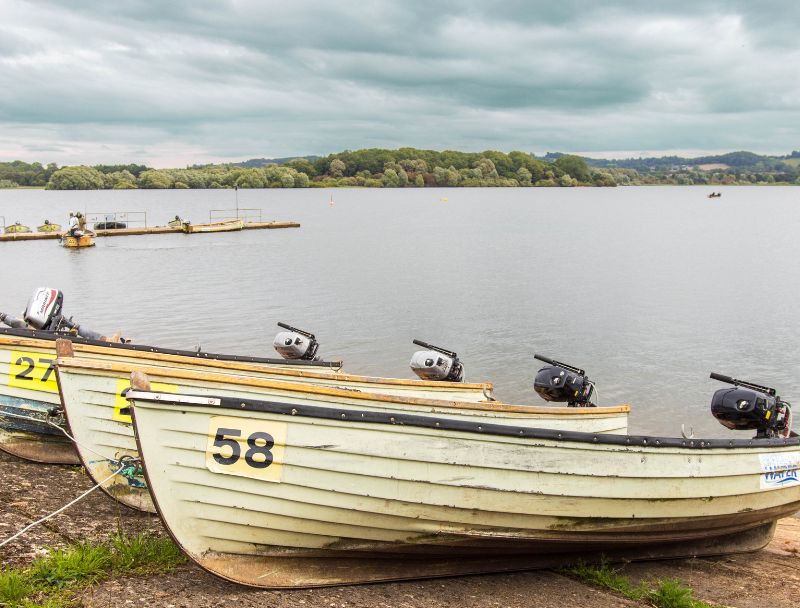 Boats are lined up on the bank of a fishery ready for people to book.