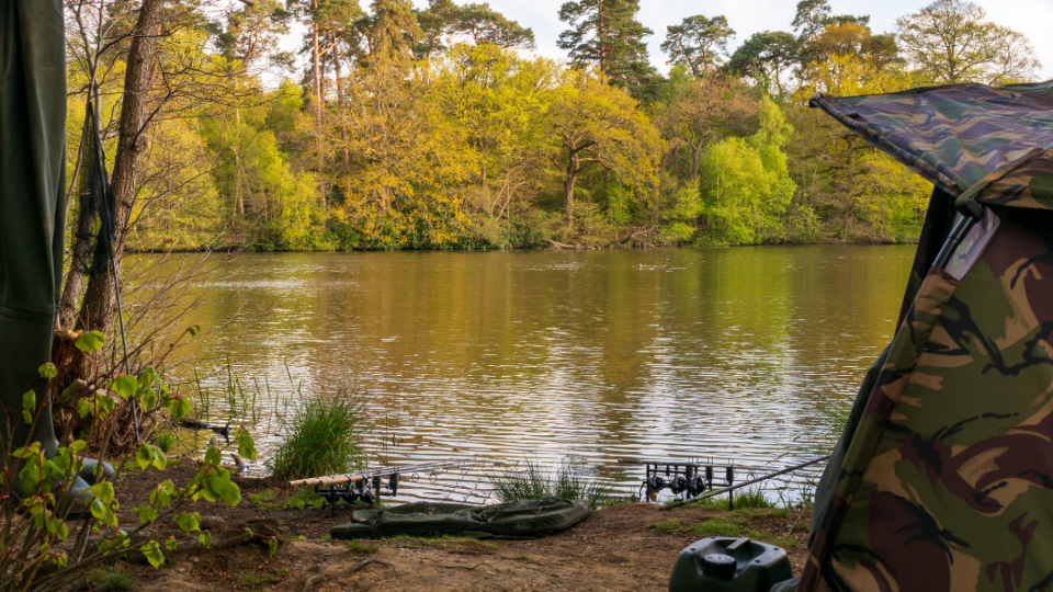 A lake-side fishing setup with rods and camouflage gear, highlighting the importance of preserving natural habitats for future generations of anglers.